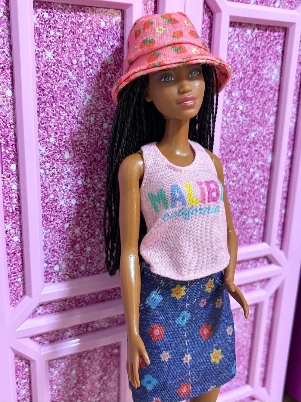 Barbie Pink Malibu Tank & Denim Floral Skirt Outfit